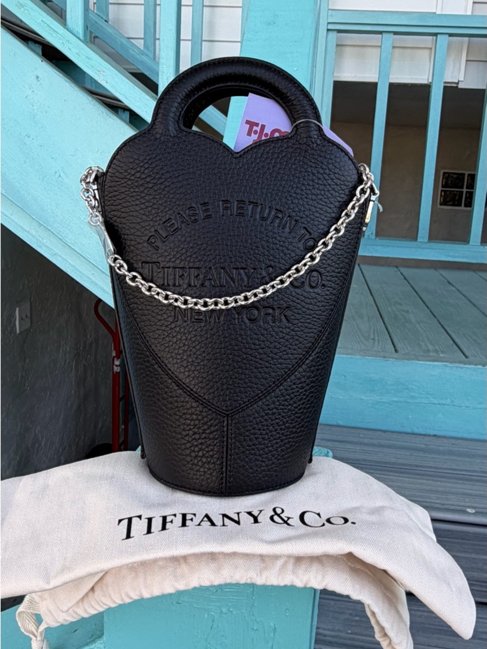 Tiffany & Co. Black Pebbled Leather Heart Tote Bag with Silver Chain